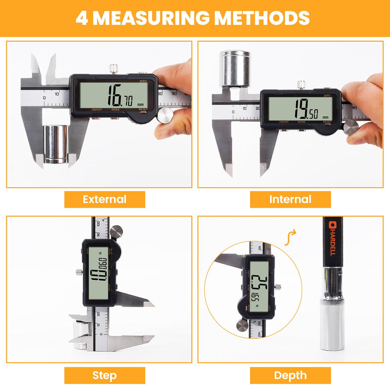 HARDELL Digital Caliper, Rechargeable Digital Caliper 6 inch with Reset Setting, Caliper Measuring Tool with MM/in/F Conversion, Auto Off, Micrometer with Large Screen for Jeweler/Woodworking/DIY
