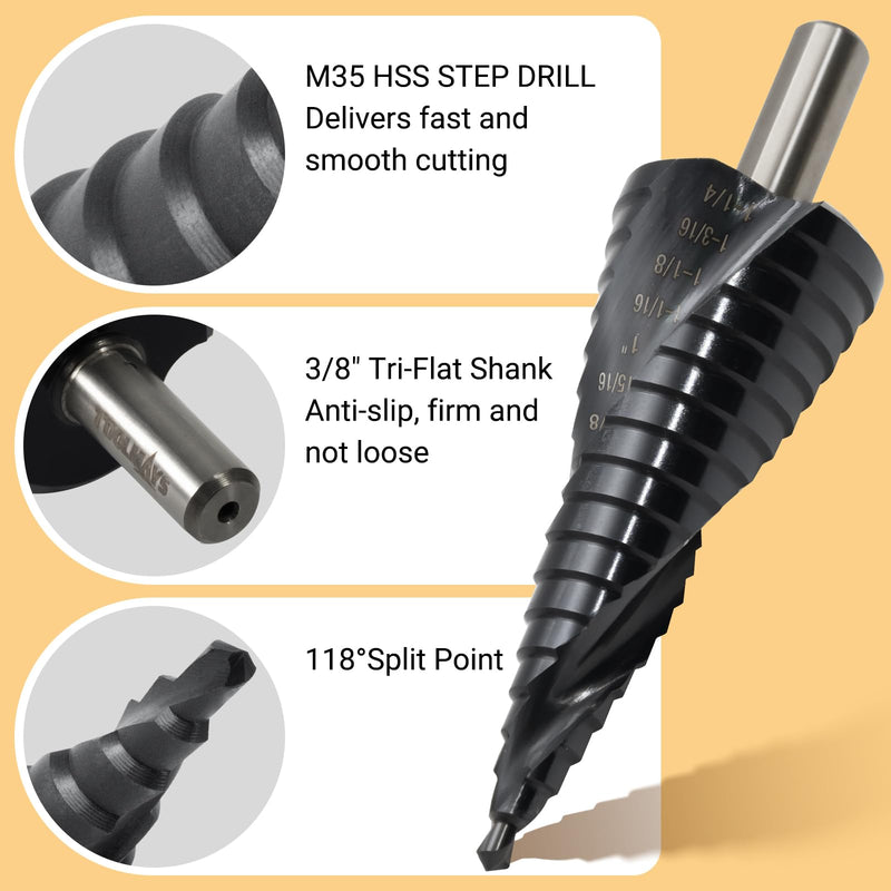 M35 Cobalt HSS Step Drill Bit, Nano TiAlN Coating with Spiral Flute, 18 Steps 3/16"–1-1/4", 3/8" Tri-Flatted Shank for Stainless Steel, Metal, Wood & Plastic Black