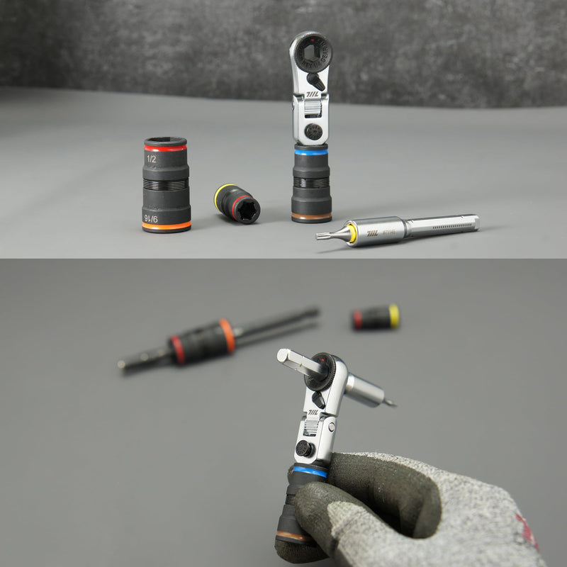711L EDC Flex Head Ratchet Wrench with T-Handle, 1/4 Inch Mini Ratchet Tool with Socket Extension and Keyring Hole for Everyday Carry With Keyring Hole
