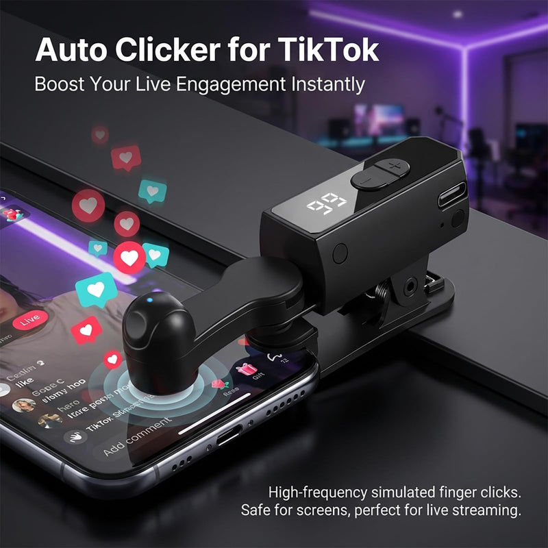 Auto Clicker for TikTok iPhone/iPad/Android Phone Screen, Tapper for TikTok | Rechargeable Cordless with Digital Display 107 Speed Adjustable Levels, Ideal for Live Likes, Games and Reward Tasks Black