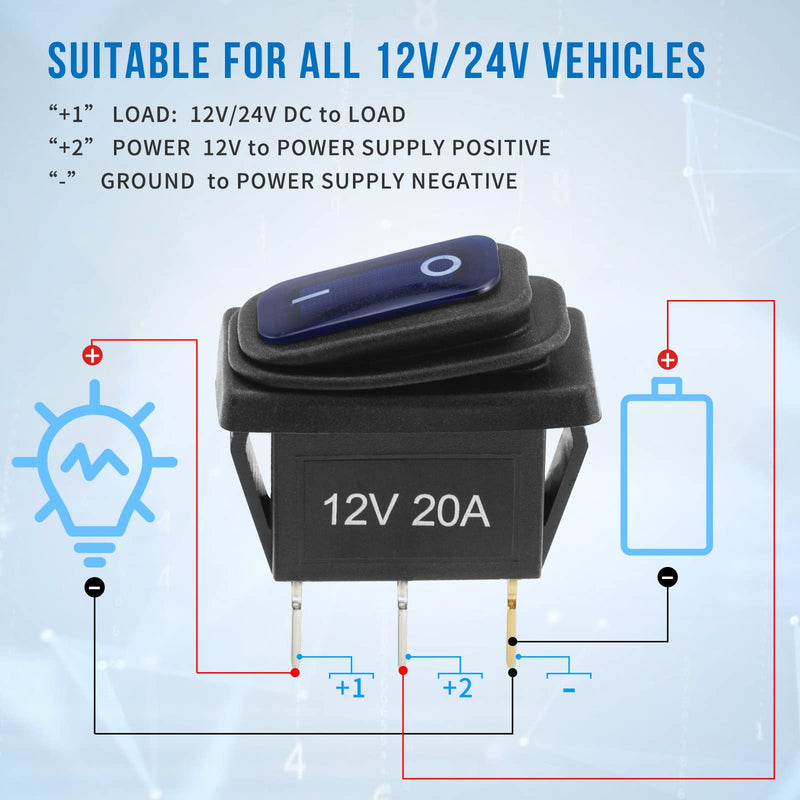 12v Rocker Switch Waterproof 5 PCS - 12 Volt Toggle Switch with 3 20cm Detachable Wires, SPST 3 Pin On Off Switches Snap-in Design Square Switch with Blue LED Light for Car Boat Marine RV Truck KCD3