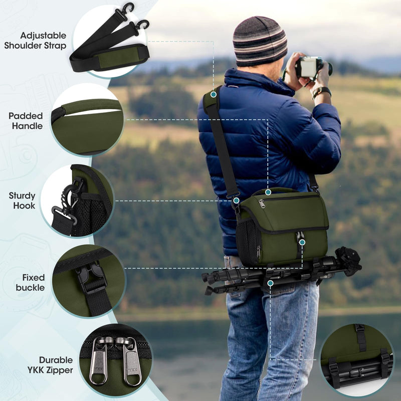 RAINSMORE Camera Bag, DSLR SLR Mirrorless Camera Case for Photographer | Waterproof Camera Sling Bag with Rain Cover & Tripod Holder Soft Padded Crossbody Camera Bag for Sony Canon Nikon Fujifilm Green M
