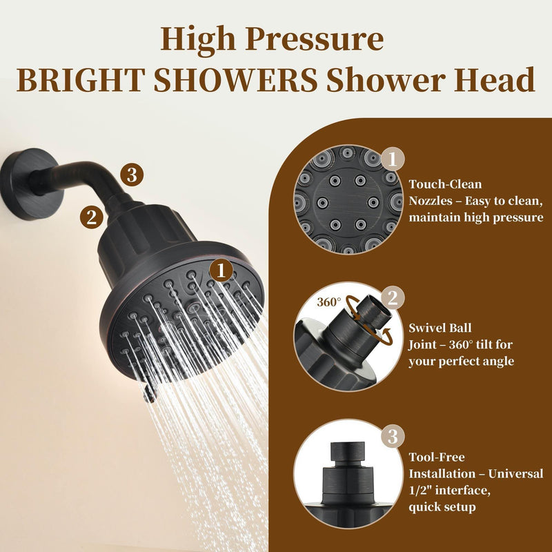 BRIGHT SHOWERS Filtered Shower Head, High Pressure Fixed Showerhead for Hard Water, Dual-Media Filter Removes Chlorine & Impurities, 8 Spray Modes, Oil Rubbed Bronze
