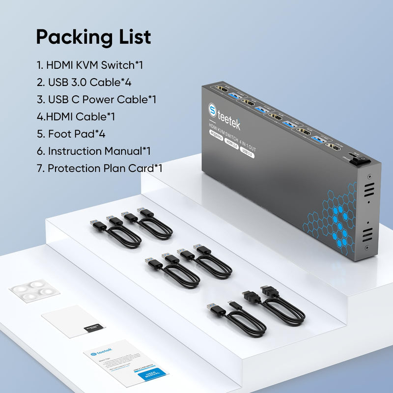 USB 3.0 HDMI KVM Switch 1 Monitors 4 Computers, 4K@60Hz KVM Switches for 4 Computers Sharing Monitor Keyboard Mouse Hard Drives Printer, with EDID Adaptive,1 HDMI Cable and 4 USB Cable 4 Port