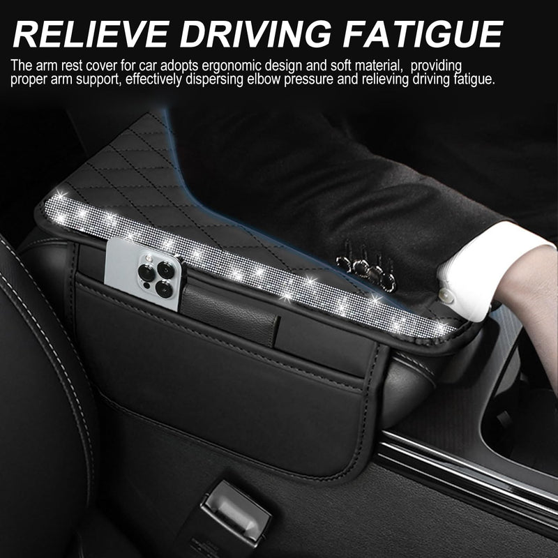 NBTEPEM Bling Car Center Console Cover, Leather Car Arm Rest Cover Cushion with 2 Storage Bags, Universal Auto Armrest Protector Storage Box, Bling Accessories Interior for Most Vehicles (Silver) Silver Diamond