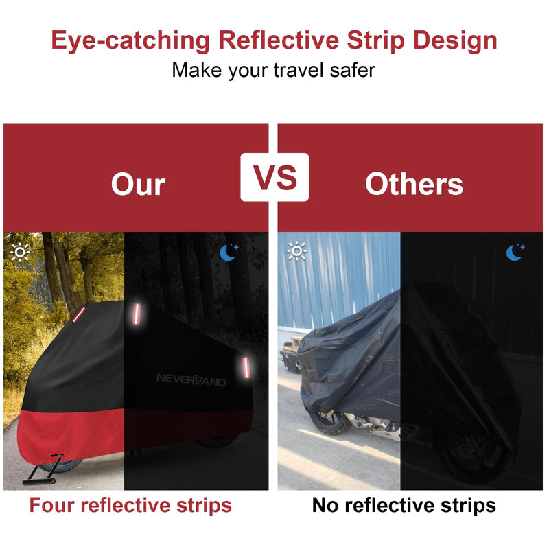 NEVERLAND Motorcycle Cover Waterproof Outdoor, 300D Motorcycle Cover Heavy Duty Outdoor All Season Protection, Universal Motorbike Cover with Night Reflective, Lock-Holes, Storage Bag (Up to 86") L(Up to 86")