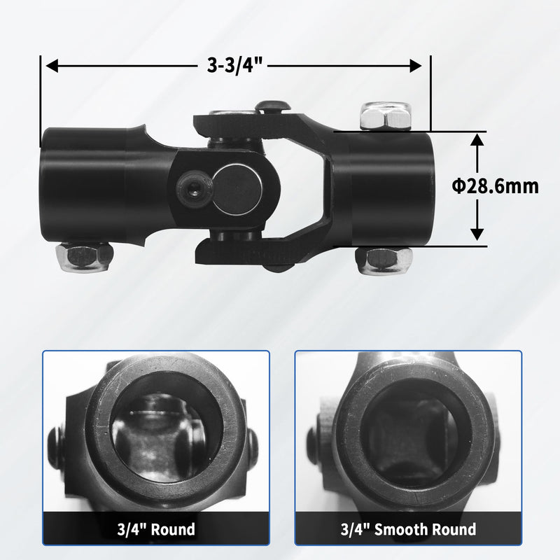 3/4" Round x 3/4" Round Single Steering Shaft Universal U Joint 3/4" Round to 3/4" Round Black Steering Shaft Universal Coupling 35° Working Angle 3-3/4" Total Length