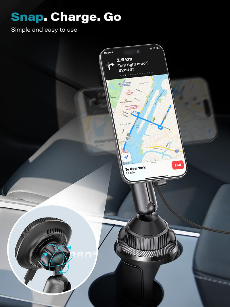 EXELIQ for Qi2 15W Magsafe Car Mount Charger, Magnetic Car Cup Phone Holder | Heat Dissipation Fan, Wireless Fast Charging, Tri-Pivot Cup Holder Phone Mount for iPhone 17 16 15 14 13 12 [PD 30W Adapter]