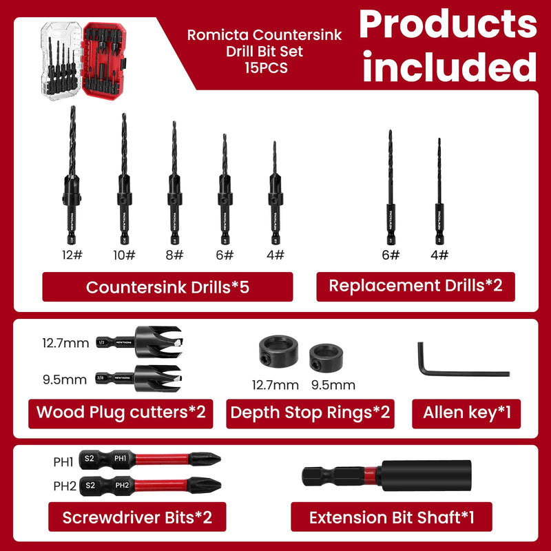 15PCS Wood Countersink Drill Bit Set Tapered Pilot Drill Bits with Depth Stop Plug Cutters Phillips Screw Bits & Magnetic Extension 1/4" Quick Change Hex Shank with Storage Case