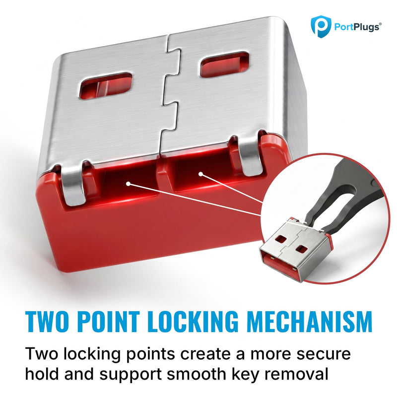 USB A Port Blockers 10 Pack, Two Point Zinc Alloy Locks, 1 Key, Red | Two point locking design, zinc alloy construction, helps deter unauthorized USB access, removable with included key Red - 10 Pack
