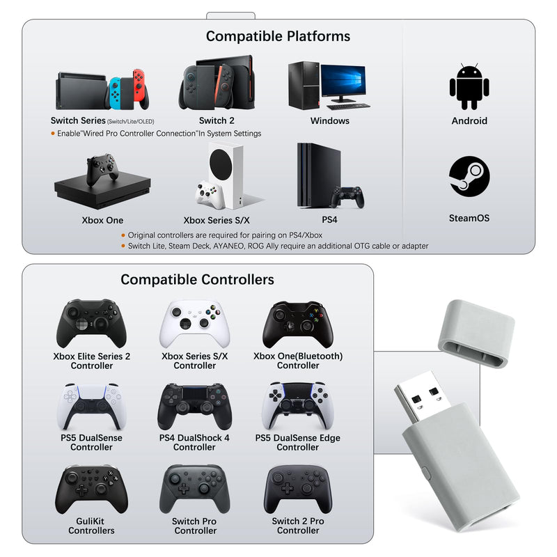 GuliKit Goku 2 Wireless Adapter for Switch 2 Pro/PS5/PS4/Xbox Controllers | Hyperlink 2 low latency.Works for Windows,Android,SteamOS,PS4,X box One/Series X/S,Switch1/2 Console,Mapping,Motion&Vibration