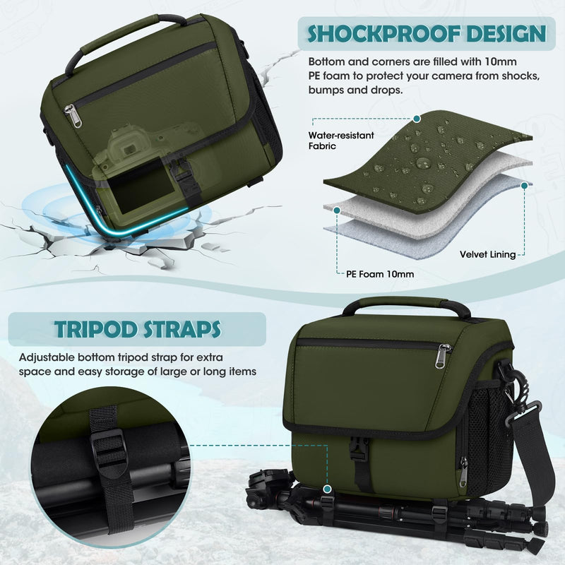 RAINSMORE Camera Bag, DSLR SLR Mirrorless Camera Case for Photographer | Waterproof Camera Sling Bag with Rain Cover & Tripod Holder Soft Padded Crossbody Camera Bag for Sony Canon Nikon Fujifilm Green M