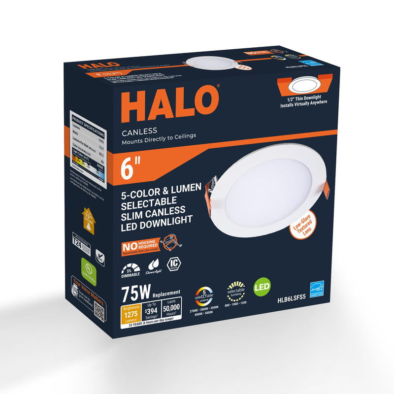 HALO HLB 6 in LED Recessed Lighting Canless Dimmable Wet Location Selectable Lumens and Selectable Color 27/30/35/40/5000K Indoor Outdoor Soffit Ceiling Downlight HLB6LSFS5 6 inch 1