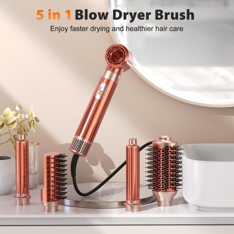 5 in 1 Blow Dryer Brush Set, Upgrade Hair Dryer & Blow Dryer Brush & Air Curling Wrap & Paddle Brush, Detachable Hot Air Styling Tools, High Speed Travel Hair Volumizer Straightener Curler Amber Gold | Upgrade Hair Dryer & Blow Dryer Brush & Air Curlin...