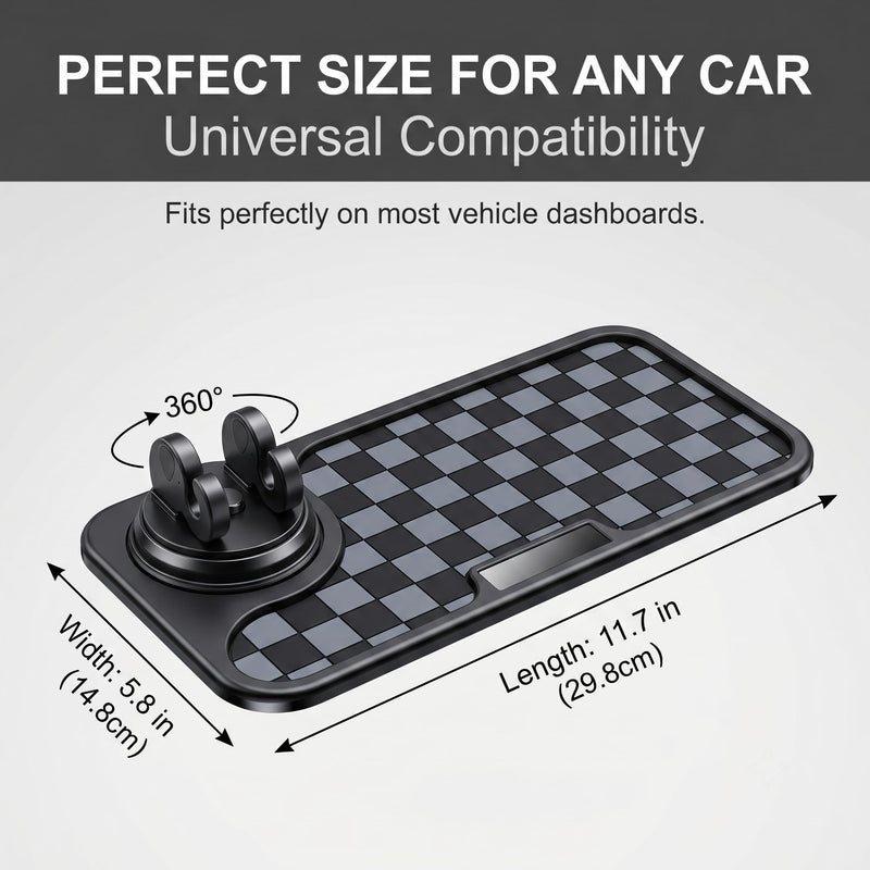 Car Dashboard Mat, Silicone Anti-slip Checkered Pad with 360-degree Rotating Phone Mount, Heat-resistant Waterproof Organizer Pad, Universal Interior Accessories for Most Cars (Black) 1 PC Black