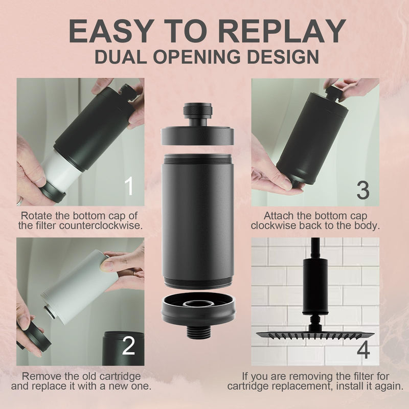 Metal Durable High Flow Shower Filter, 90% dechlorination effect, adsorbs heavy metals, balances the ph level of the water, relieves your skin from dryness, Matte Black Showerhead Filter