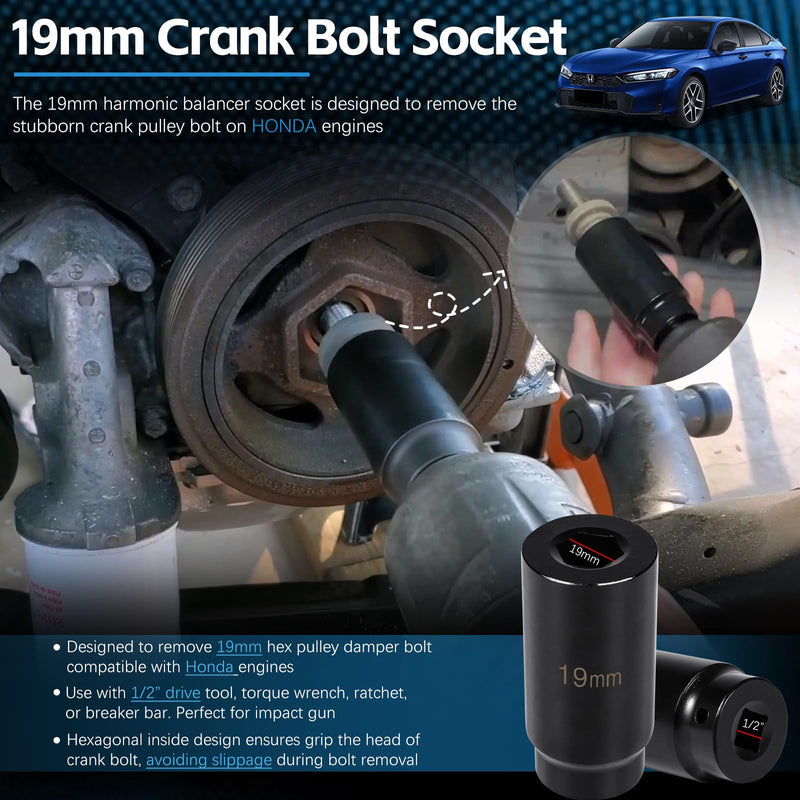 Harmonic Balancer Socket Tool 77080 for Honda 19mm Crank Bolt Socket, 3 Times Momentum Power of Standard Impact Sockets, Deep Counter-Weighted Design Increased Torque