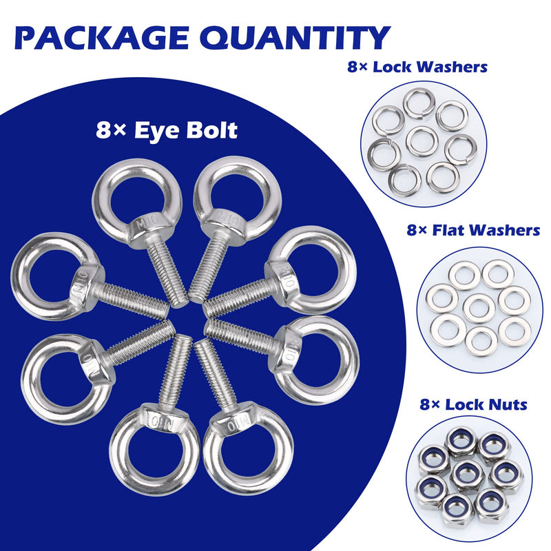 Eye Bolts with Nuts, M10 8Pcs EyeBolts 304 Stainless Steel Machinery Shoulder Lifting Ring Eye Bolt Heavy Duty Screws Bolt with Lock Nuts & Lock Washers, Flat Washers - Thread Length 35mm M10, 8 Pack