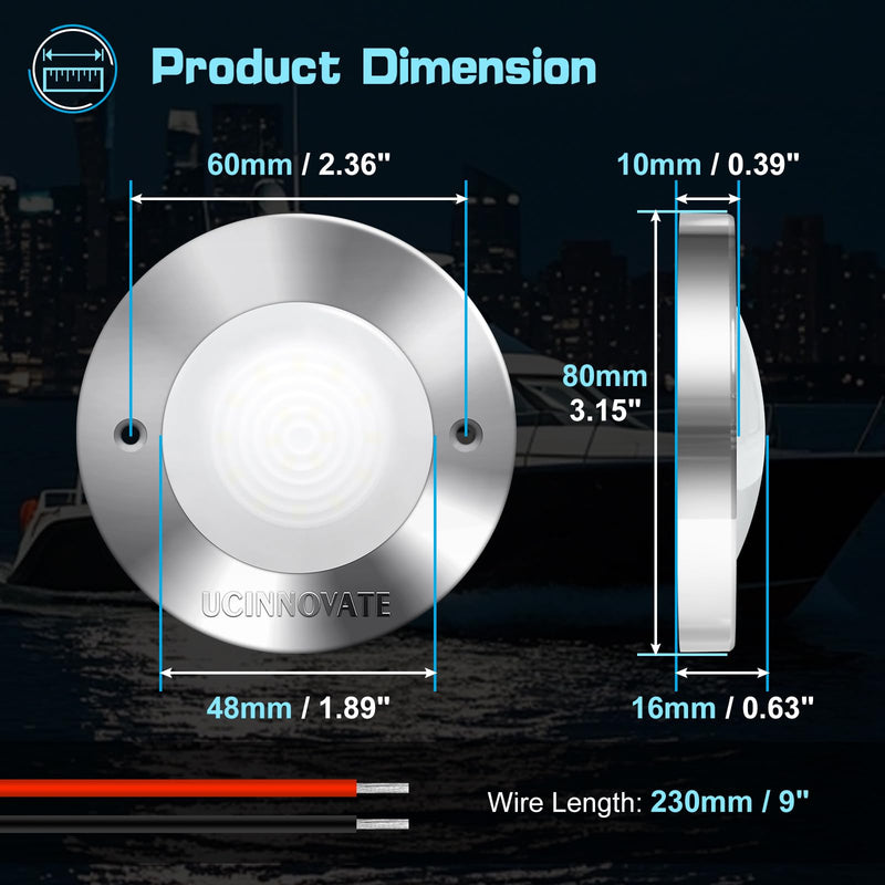 UCINNOVATE 4Pcs 3.15”Round LED Marine Light with sliver housing, Navigation Boat Lights, LEDs Boat Interior Light, Deck Courtesy Lighting IP65 Waterproof, LED Marine Stern Lights, 12-24V (White) 4PCS-3.15INCH White (Silver housing)