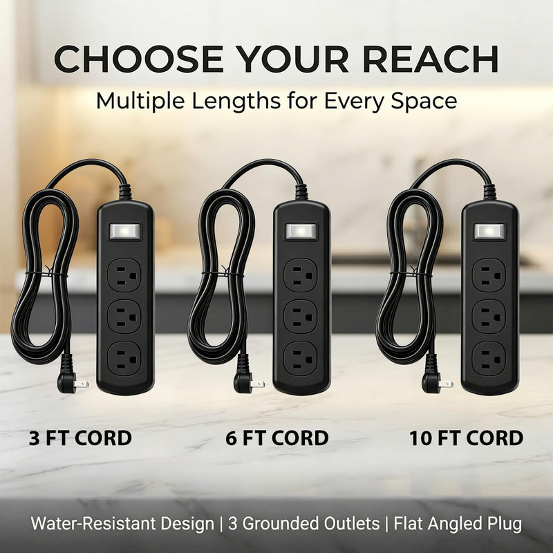 Outdoor Power Strip Weatherproof IPX6, Waterproof Surge Protector with 3 Wide-Spaced Outlets, Flat Plug Heavy Duty Extension Cord for Garden Patio Garage, Wall Mountable, 13A 1625W (Black, 3FT) Black