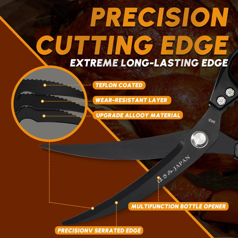 HUUSK Kitchen Scissors Set Black - Stainless Steel Kitchen Shears, Sharp Meat Scissors Dishwasher Safe, Heavy Duty Poultry Shears all Purpose, Japanese Cooking Scissor for Food, Chicken, and Turkey