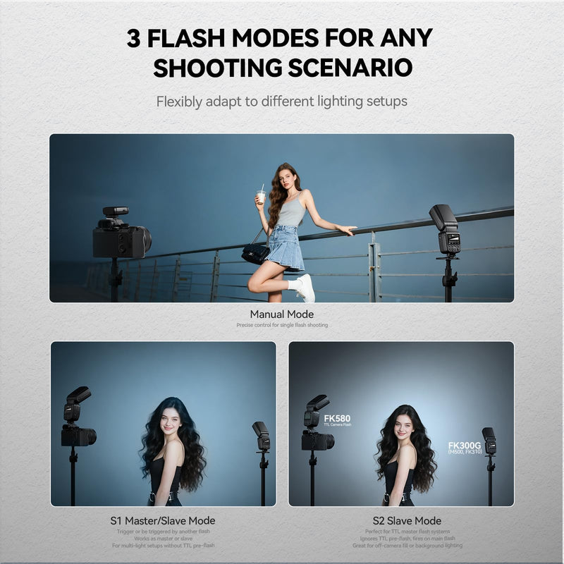 PHOTOOLEX FK300G Camera Flash Speedlite GN33 with Trigger | Universal hot shoe for Canon, Nikon, Sony, Fuji. 2.4G wireless, 8 power levels, M/S1/S2 modes with flash trigger