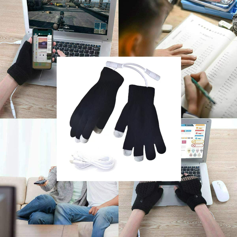 Kbinter USB 2.0 Powered Heating Pattern Knitting Cute Heated Gloves Touchscreen Deasign Hands Warmer Mittens Laptop Computer Warm Gloves for Women Men Girls Boys (White Black)