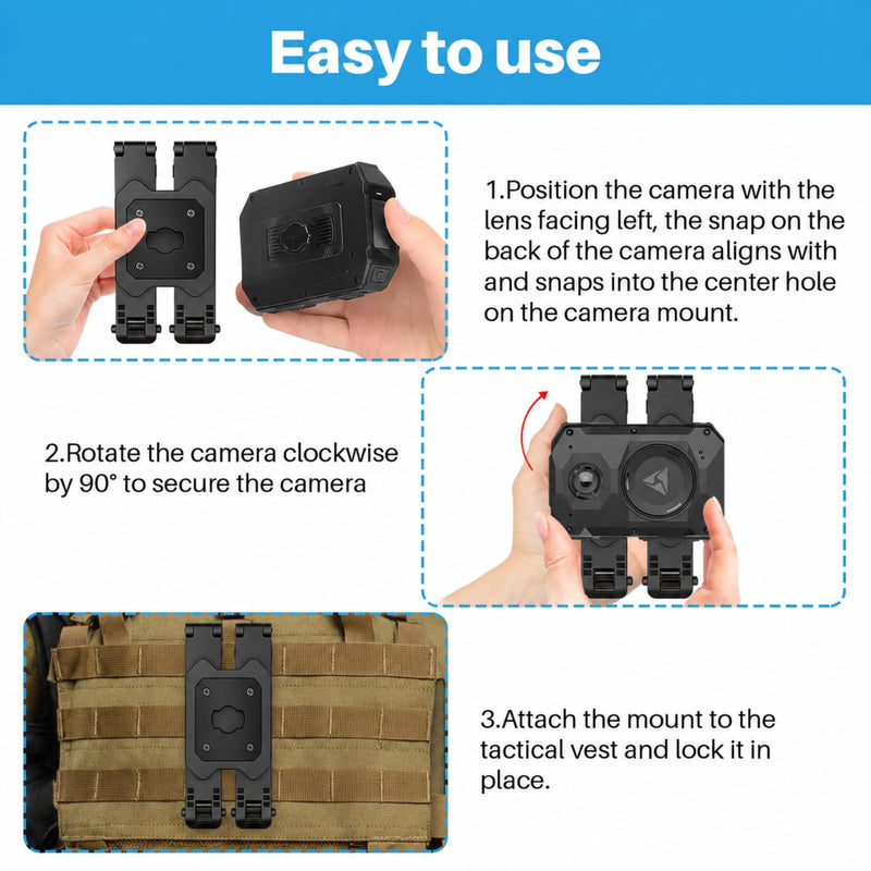 MOLLE Body Camera Mount for Axon Body 2/3/4, Two-Point Support | Two-Point Body Camera Holder for MOLLE/PALS Vests, Quick-Release Dual Clips Help Reduce Wobble During Police Patrol Duty