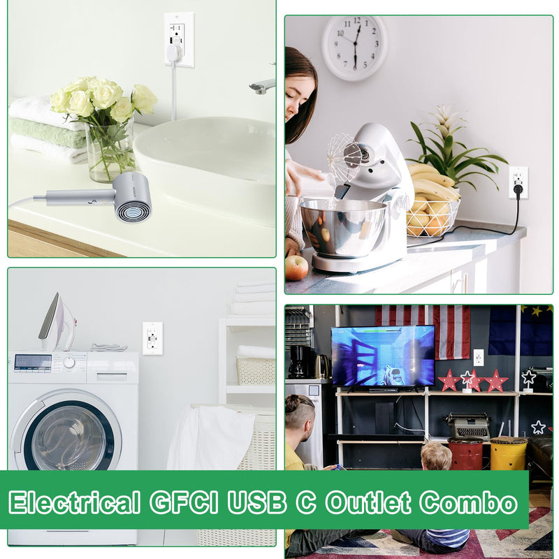 Greencycle 20 Amp GFCI Outlet with USB C & USB A Ports, 2PK Self Test GFCI Electrical Outlet Combination with USB,with LED Indicator,Residential & Commercial Grade, Includes Wall Plate & Screws, White 20A GFCI USB C 2