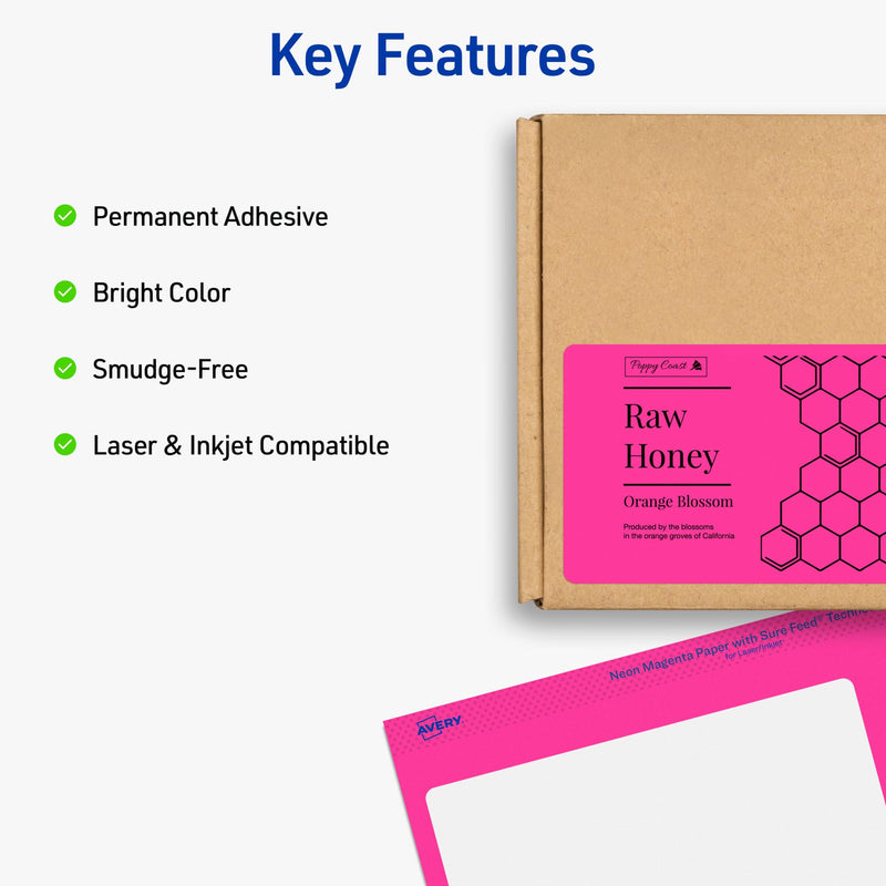 Avery Printable Labels with Sure Feed, 2" x 4", Assorted Neon Colors (Green, Magenta, and Yellow), Removable Adhesive, Laser & Inkjet Compatible, 120 Blank Labels Total (6481) 2" x 4" 1 Pack