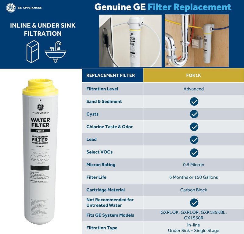 GE Under Sink Water Filter Replacement, Reduces Sediment, Rust & Other Impurities from Water, Easy Install, Fits GXRLQK Filtration System, Replace Every 6 Months, FQK1K 1 Count (Pack of 1)