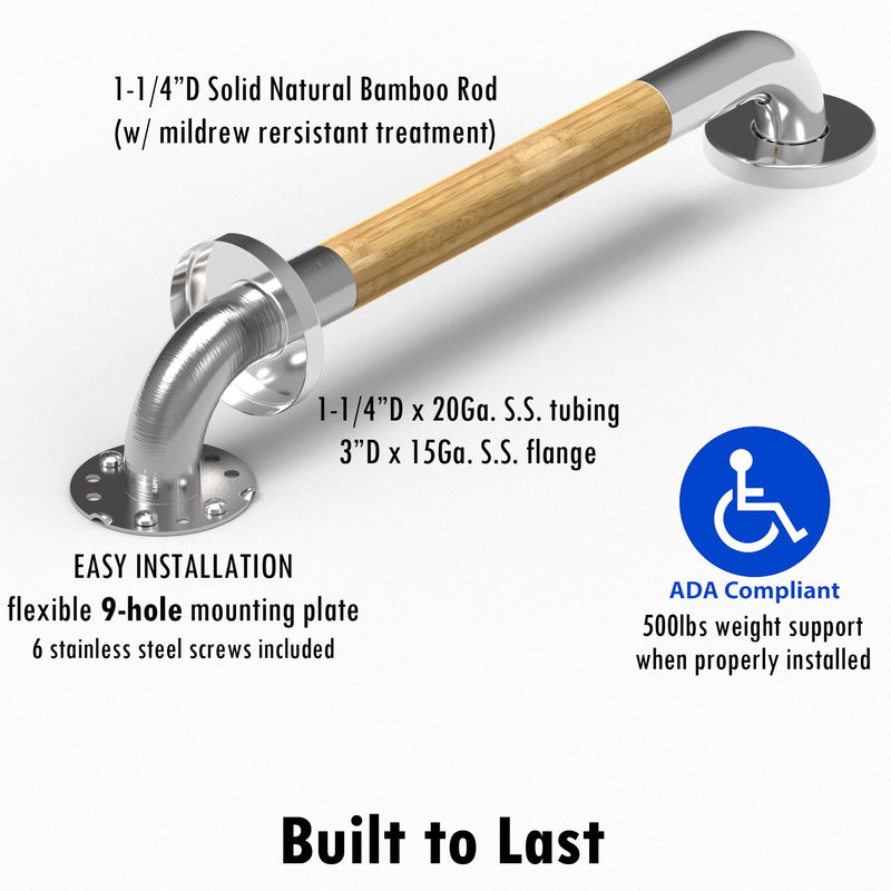Safety Grab Bar for Bathroom & Toilet, Natural Bamboo Handle, ADA Compliant Balance Assist Handrail for Handicap and Seniors, 16in Brushed Nickel