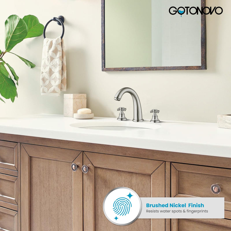 gotonovo 8 inch Widespread Bathroom Sink Faucet Fixtures Bathroom Faucets for Sink 3 Hole 2 Cross Handles Deck Mount with Pop Up Drain Water Supply Lines No Label Brushed Nickel