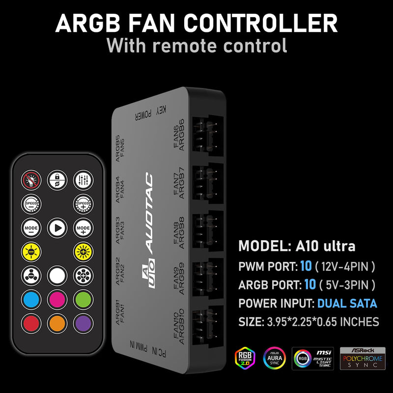 ARGB PWM Fan Hub with RF Remote Controller for PC Build, (Connect Ten Case Fans, 5V 3Pin ARGB & 12V 4Pin PWM Fan Connector, Stable Dual SATA Power Input, Magnetic Suction), Black