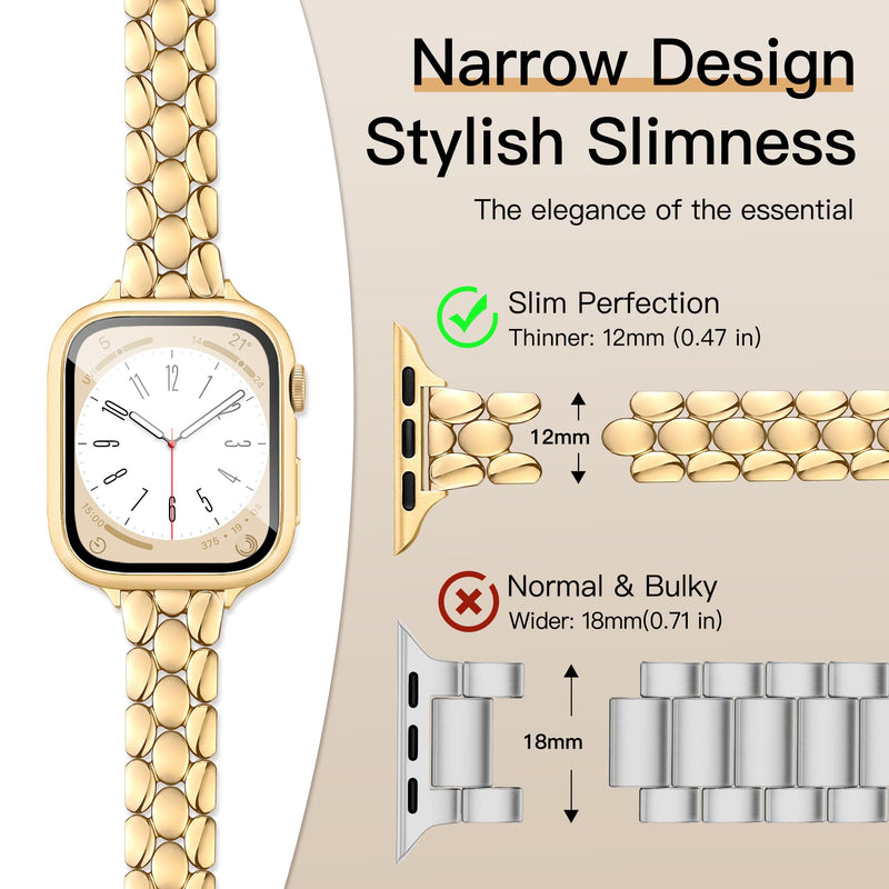 Melyis Slim Metal Band with Case Fits Apple Watch Bands for Women 42mm | Thin Stainless Steel iWatch Bands for Women, Dressy Band for Apple Watch with Screen Protector Series SE 9 8 7, Gold 42mm-Series 11 10