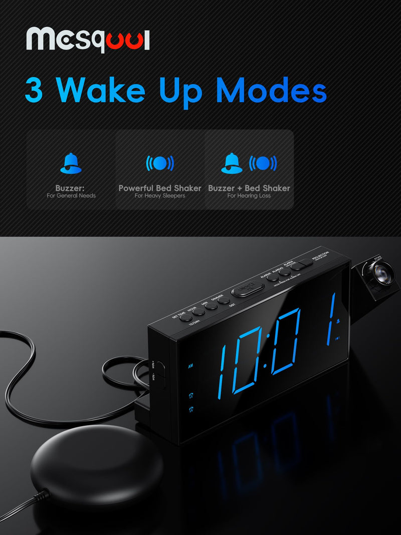 Mesqool Projection Alarm Clock, Loud Vibrating Alarm Clock for Heavy Sleepers, Adjustable Projection Brightness,Hearing Impaired & Deaf People, Digital Alarm Clock with USB Charging Port with Projection & Bed Shaker Blue Digits; Blue Projection
