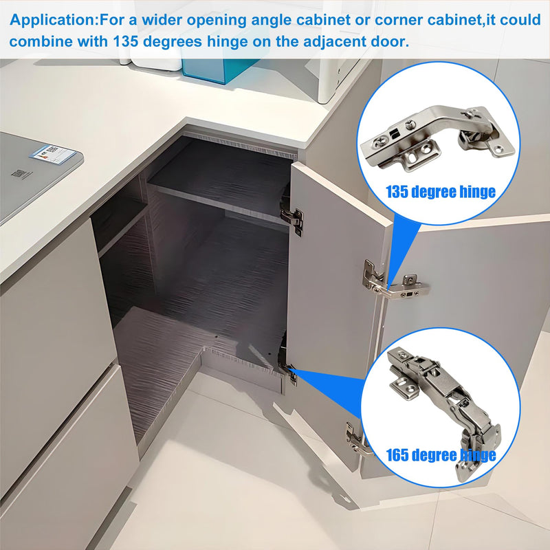 2 Pair 135 Degree & 165 Degree Frameless Cabinet Doors Hinges | Kit for Pie Corner Cabinets,Hidden Lazy Susan, Clip On, Smooth Slow Close, Concealed Mount for Bi-fold Door, Kitchen Cupboard silver-135° &165° 2