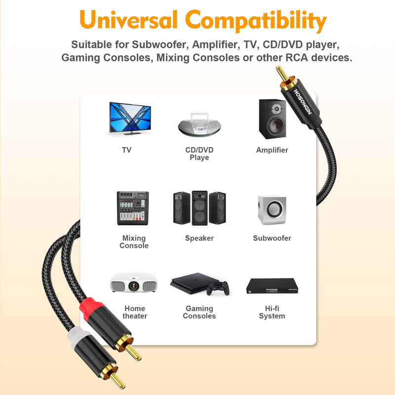 HOSONGIN RCA Y Splitter Cable, 3.3Ft, 2Pack, 1 Male to 2 Male Audio Cable, Gold-Plated, Noise-Free Durable Braided Design RCA Adapter for Subwoofers, Amplifiers, TVs, Home Theater, Hi-Fi Systems 3.3FT-2Pack