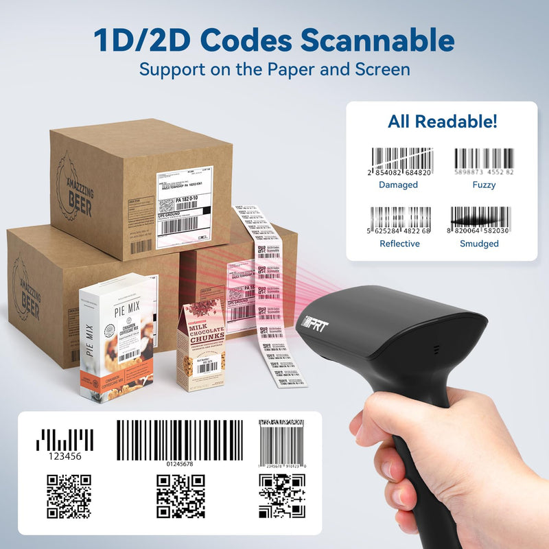 iDPRT Bluetooth 1D 2D QR Barcode Scanner, Wireless Barcode Scanner, Handheld UPC EAN Label Screen Reader with Dongle, Android Windows, USB Wired, Rechargeable for Retails Supermarket Warehouse Library Medium Black