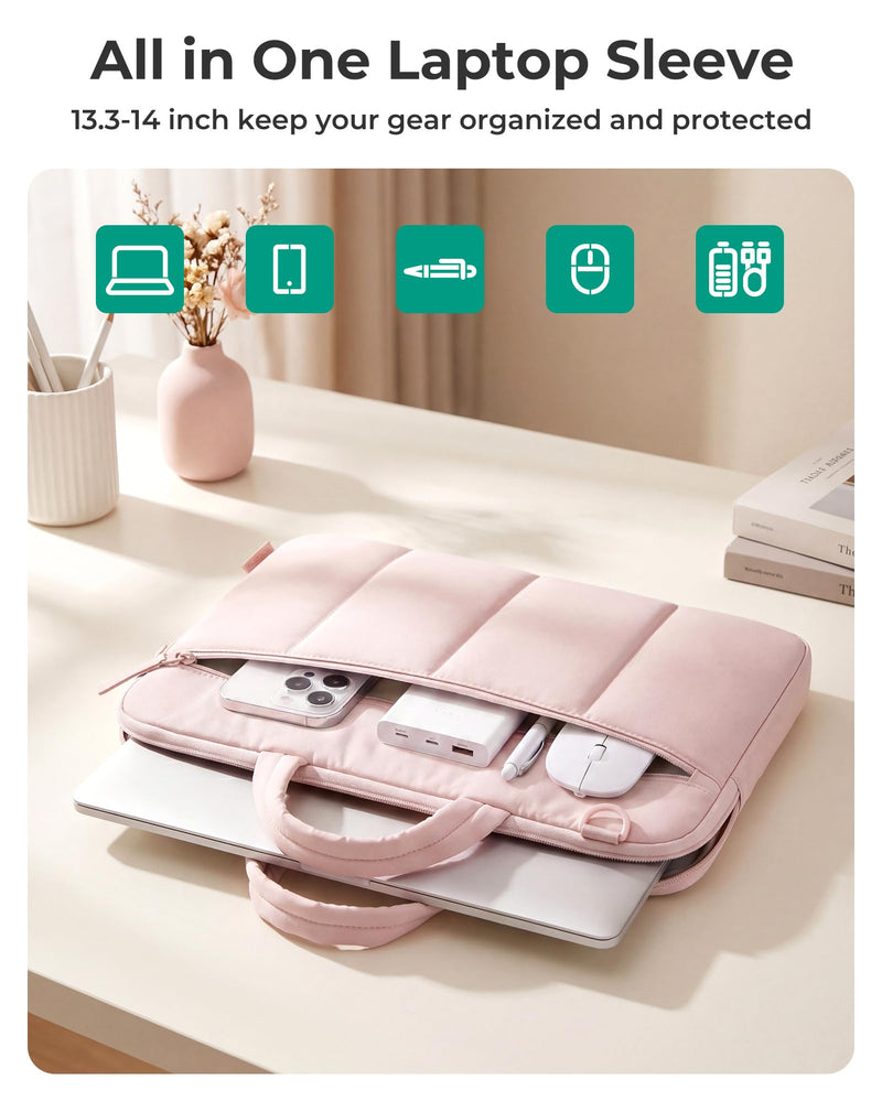 BAGSMART 13-14 Inch Laptop Sleeve with Handle Slim Protective Case for Work | Laptop Bag for Women with Strap for Business Trip College Compatible with M5 MacBook Air 13/Pro 14, HP, Dell, Lenovo, ASUS S-baby Pink 13.3-14 inch
