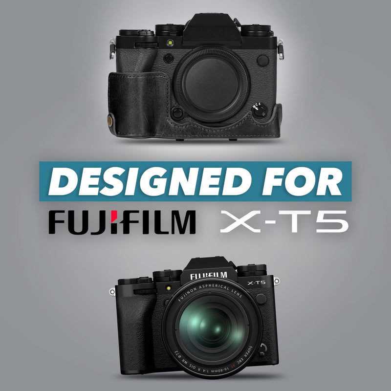 MegaGear Ever Ready Genuine Leather Camera Case Compatible with Fujifilm X-T5 (16-80mm)(Black) Black