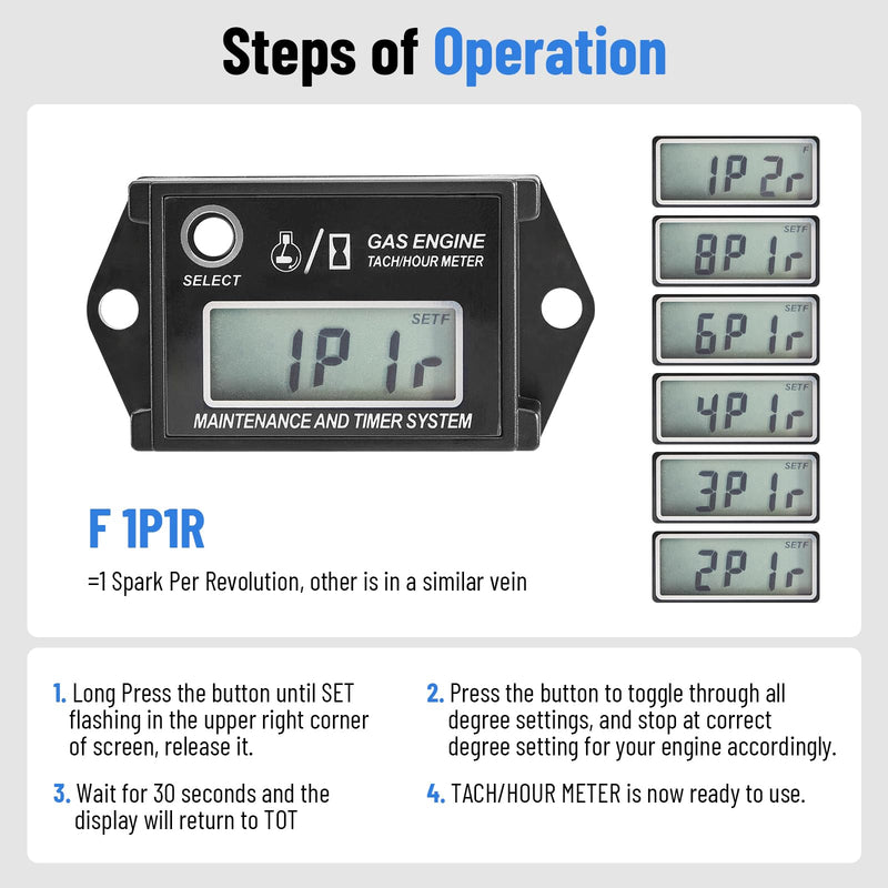 CarBole Digital Hour Meter Tachometer, Small Engine Hour tachomete, RPM Gauge Meter for Lawn Mower Skis Dirt Bike Boat Marine Snowmobile Generator and Gas Engine