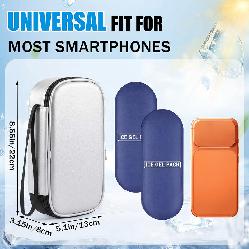 Phone Cooler Bag for Beach, Portable Phone Cooling Pouch with 2 Reusable Ice Packs, Keeps Cool in Extreme Heat for Car Pool Hiking, Extends Battery Life, Fits All Smartphones(Silver,PU) Silver Polyurethane (PU)