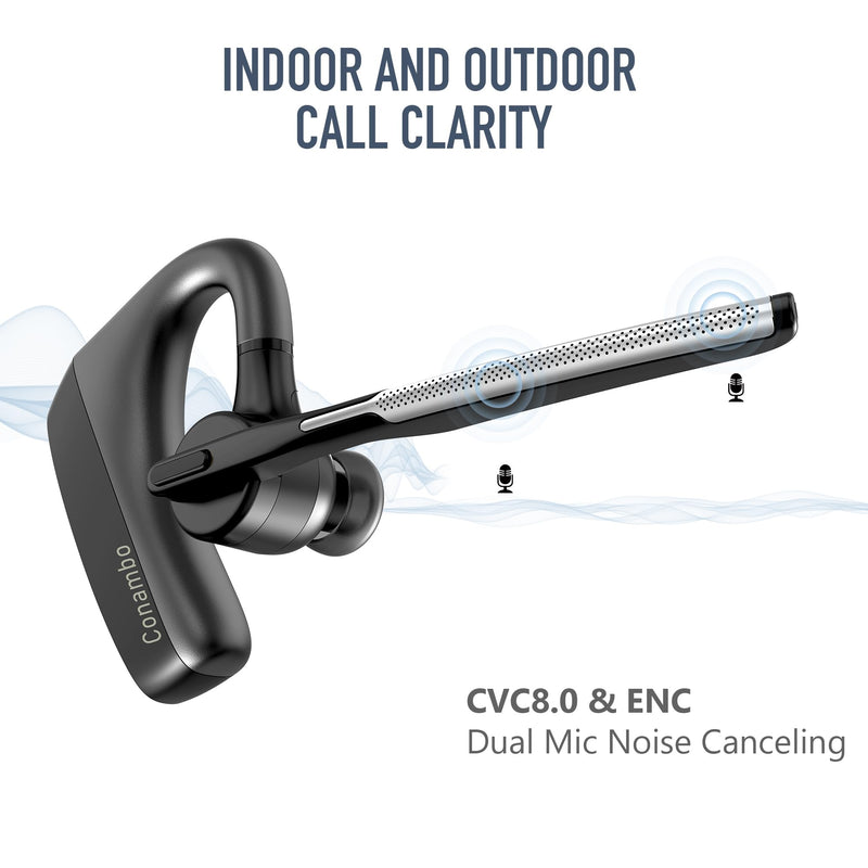 Conambo Bluetooth Headset with Dual Mic Noise Canceling & Mute Button Wireless Earpiece 16 Hrs Talking for Home Office Trucker – Compatible with iPhone Android Phone (K18) Black