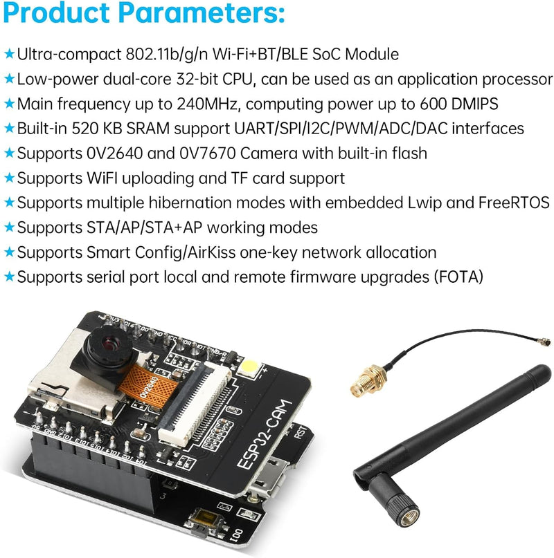 2-Pack ESP32 CAM Development Board, for ESP32-CAM MB WiFi/Bluetooth Development Board, DC 5V Dual Core Development Board with 2.4G Antennas IPEX, OV2640 Camera TF Card Module 2PCS
