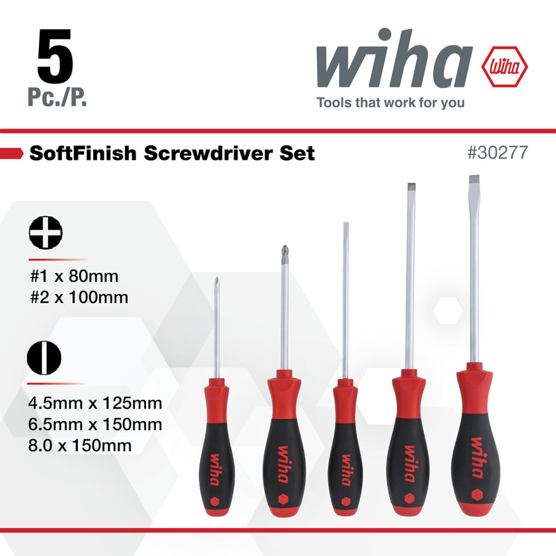 Wiha 30277 SoftFinish Screwdriver Set, 5 Piece, Slotted & Phillips, Cushion Grip Handles, Chrome Finish 5 Piece SoftFinish Slotted and Phillips Screwdriver Set