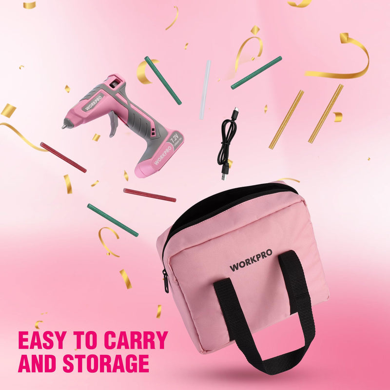 WORKPRO Cordless Hot Glue Gun, 30s Fast Preheating, 7.2V Dual-Temp Glue Gun Kit with 50pcs Glue Gun Sticks, Storage Bag, USB-C Charging Cord, 2600mAh Battery for DIY and Crafting Pink