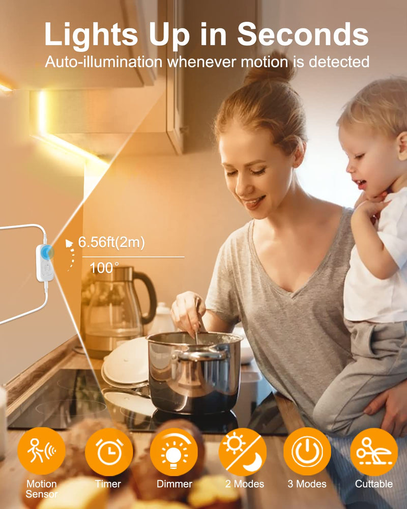 Motion Sensor LED Strip Light - Cabinet Strip Lights with 24W Plug, Dimmer, and Timing, 16.4ft for Under Cabinet, Kitchen, 3000K WarmWhite Warm White 16.4ft 2pack