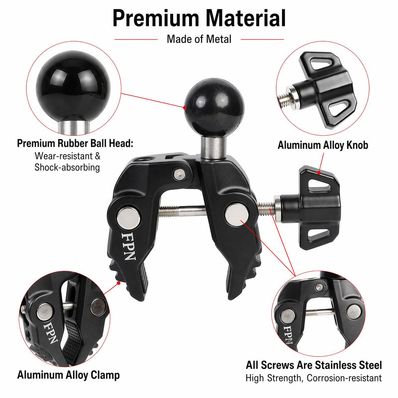 Aluminum Alloy Handlebar Clamp Mount with 1" Rubber Ball for 0.5-1.77 inch Rails, Compatible with RAM Mounts B Size Double Socket Arm, for Motorcycle, Bike, ATV