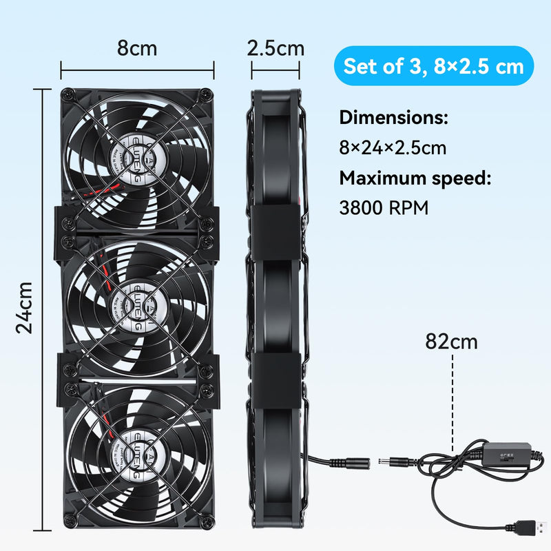 ELUTENG 3 Pack 80mm Big Airflow Computer Fan, DC 12V 3-Speed Adjustable Fan (2600/3200/3800 RPM) with Painted Metal Grill, DC to USB Speed Controller, Anti-Slip Pads & Screwdriver for Cabinet, Black
